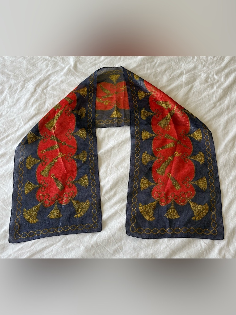 Monique Martin Scarf Tassel Print Silk-Feel Shimmering Navy Red